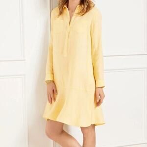 Talbots 100% Linen Shirt Dress Womens Sz Large Petite Butter Yellow Long Sleeve